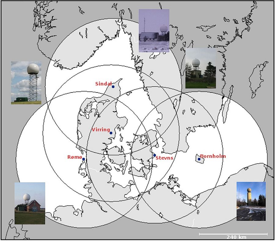 Placeringen af DMI's fem radarer