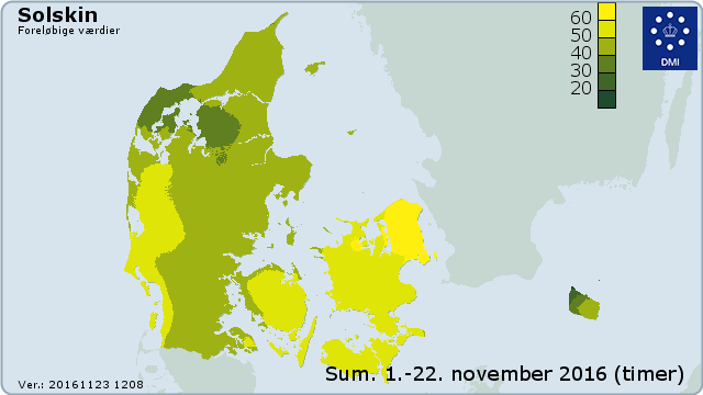 Danmarkskort over solskinstimer 1.-22. november 2016