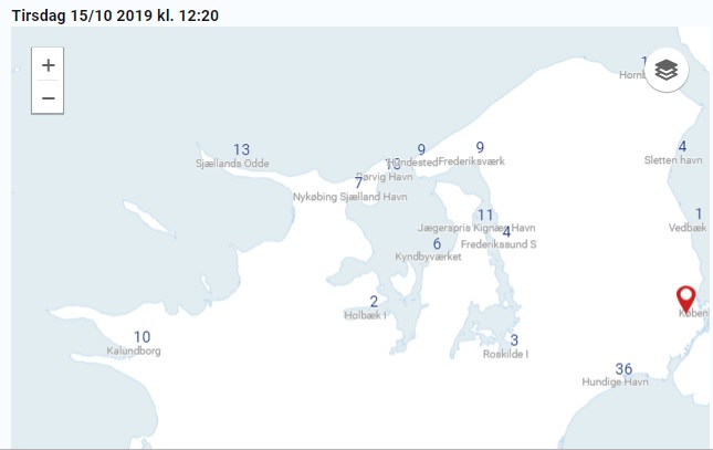 Kort over en stor del af Sjælland, hvor man ser hvor der foretages målinger af vandstand