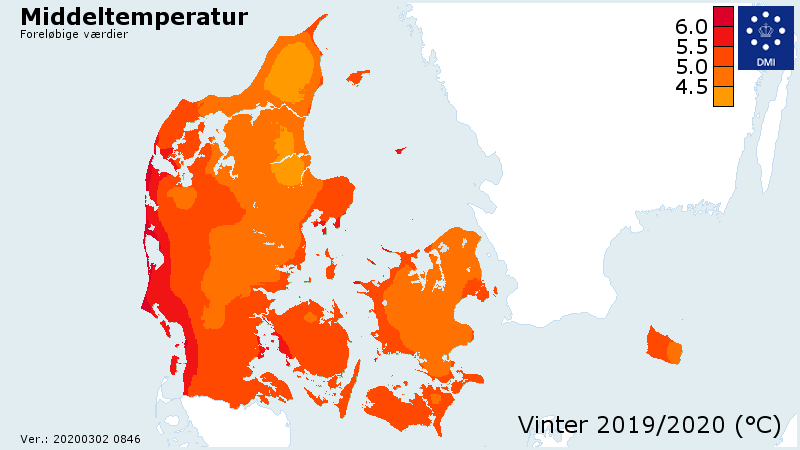 Danmarkskort med fordeling af middeltemperatur