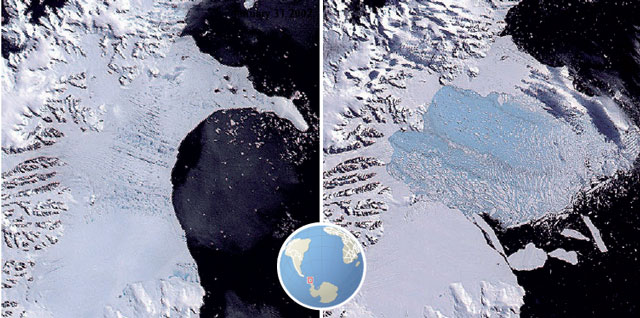 Satellitbilleder viser det dramatiske opbrud af Larsen B.-ishylden ved den Antarktiske Halvø