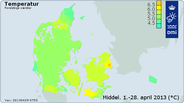 Gennemsnitstemperaturen i Danmark fra 1. til 28. april 2013