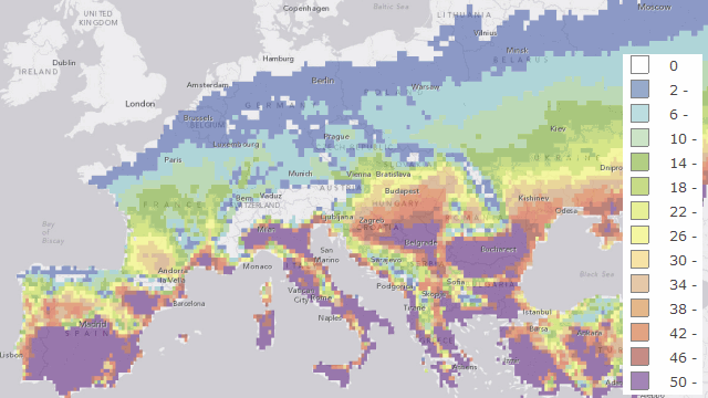 Kort over hyppighed af døgn over 35 grader i Europa