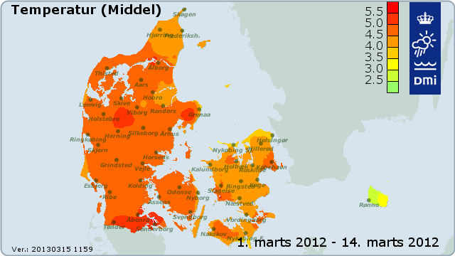 Kort over temperaturen i Danmark