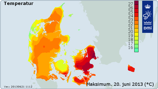 Dagens højeste temperaturer i Danmark den 20. juni 2013
