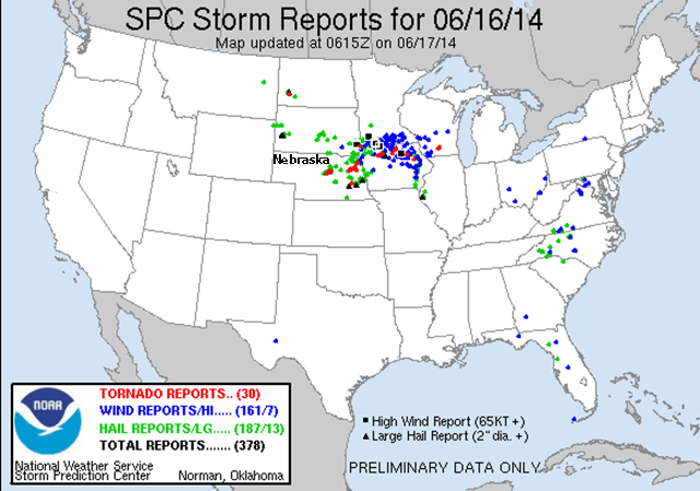 National Weather Centers daglige rapport over storm- og tornadohændelser i USA